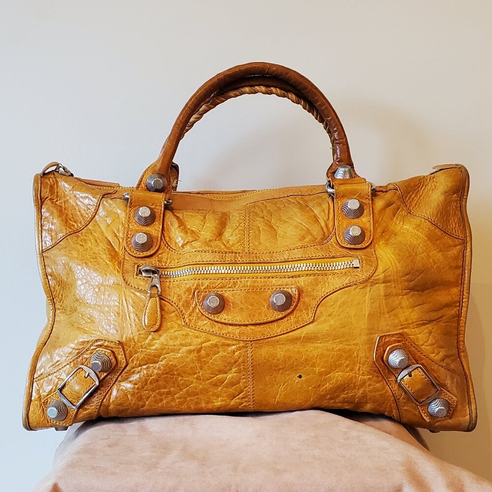 BALENCIAGA Mustard Yellow Large City Satchel Tote Bag Silver Hardware Authentic